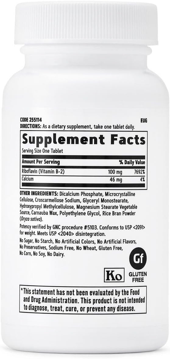 Gnc Vitamin B2 100Mg Supplement, Essential For Metabolism Of Fats, Carbohydrates And Proteins, 100 Servings