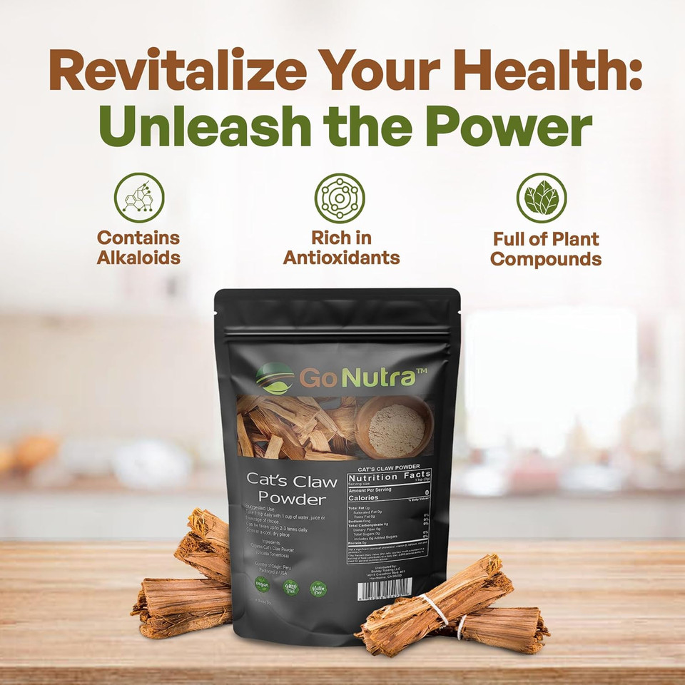 Go Nutra - CatS Claw Powder, Pure Cats Claw Herbal Supplement Wildly Harvested From Peru, All Natural Una De Gato For Water, Tea, Juice, And More, Non-Gmo, Gluten-Free, Vegan, 8 Oz