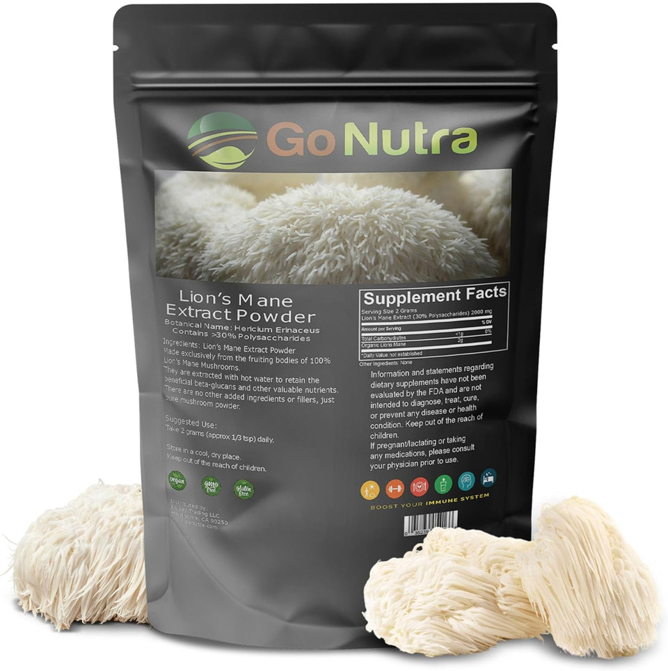 Go Nutra - LionS Mane Powder, Potent 10:1 LionS Mane Mushroom Powder With 30% Polysaccharides, Pure LionS Mane Extract For Tea, Juice, Water, And More, Non-Gmo, Vegan, 4 Oz