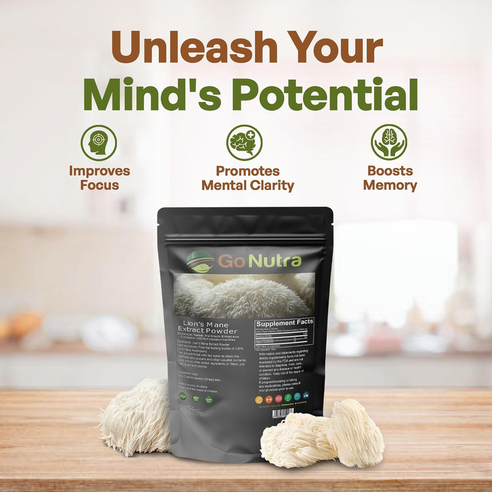 Go Nutra - LionS Mane Powder, Potent 10:1 LionS Mane Mushroom Powder With 30% Polysaccharides, Pure LionS Mane Extract For Tea, Juice, Water, And More, Non-Gmo, Vegan, 8 Oz