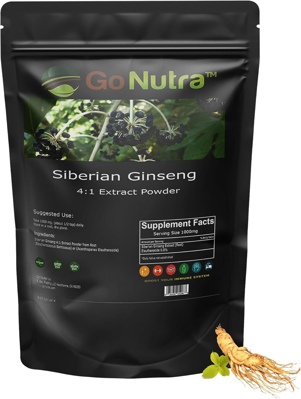 Go Nutra Siberian Ginseng Powder 4:1 Extract 4X Times Stronger Non-Gmo 1Lb (16 Oz) Eleuthero Root