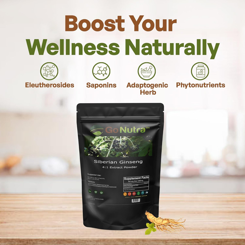 Go Nutra Siberian Ginseng Powder 4:1 Extract 4X Times Stronger Non-Gmo 1Lb (16 Oz) Eleuthero Root