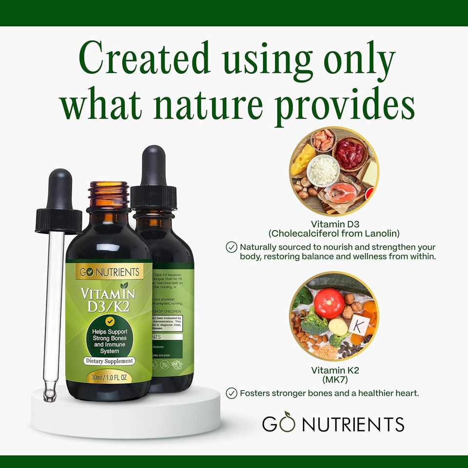 Go Nutrients Vitamin D3 K2 Drops  Liquid Vit D Supplement With Mk7 For Adults & Kids  High Absorption Sublingual Support For Bone, Cardiovascular, Heart & Immune Health  1 Oz, 90 Servings