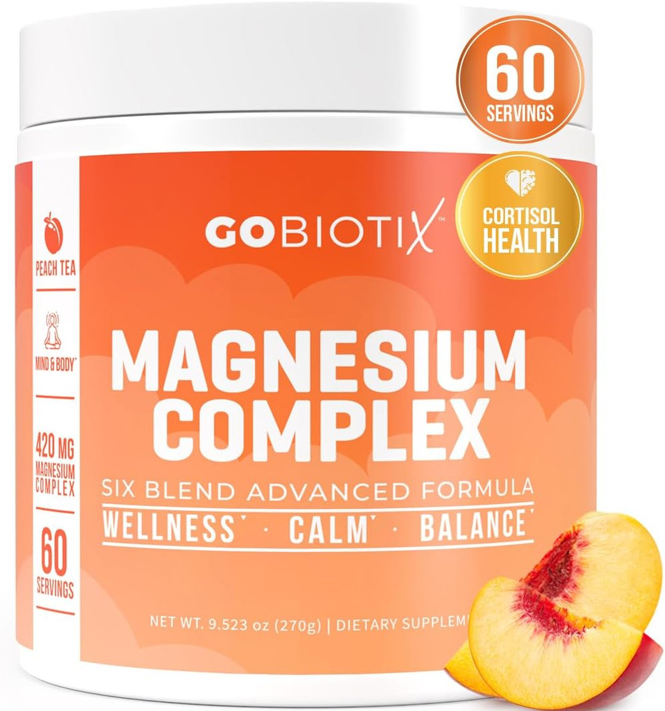Gobiotix Magnesium Glycinate Powder  Cortisol Supplements For Women And Men  High Absorption Magnesium Complex Calm Supplement With Citrate, Malate  Sugar Free  420 Mg, 60 Servings - Peach Tea