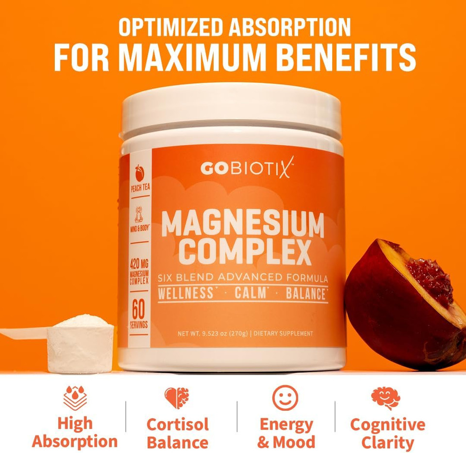 Gobiotix Magnesium Glycinate Powder  Cortisol Supplements For Women And Men  High Absorption Magnesium Complex Calm Supplement With Citrate, Malate  Sugar Free  420 Mg, 60 Servings - Peach Tea