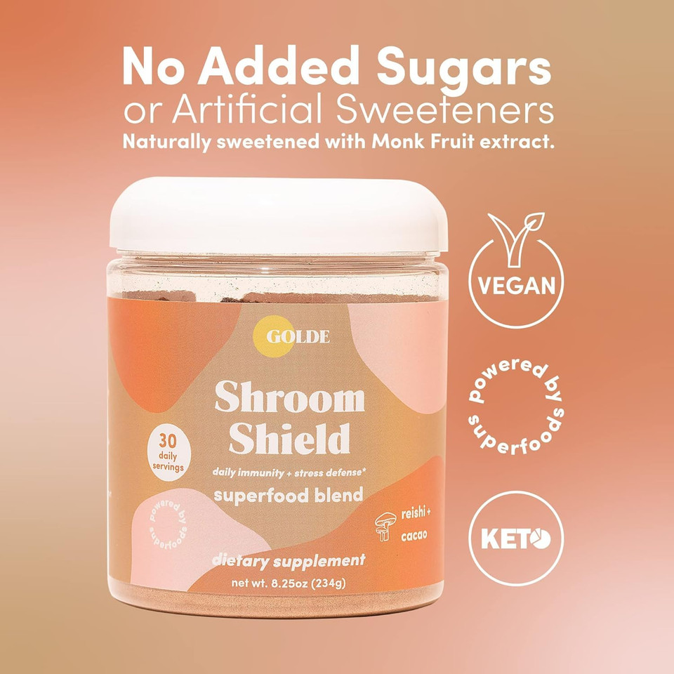 Golde Pure Matcha - 100% Pure Japanese Ceremonial Grade Matcha Green Tea Powder Shroom Shield - Superfood With Turkey Tail Mushroom, Reishi Mushroom Extract, Cacao And Coconut Milk Powder