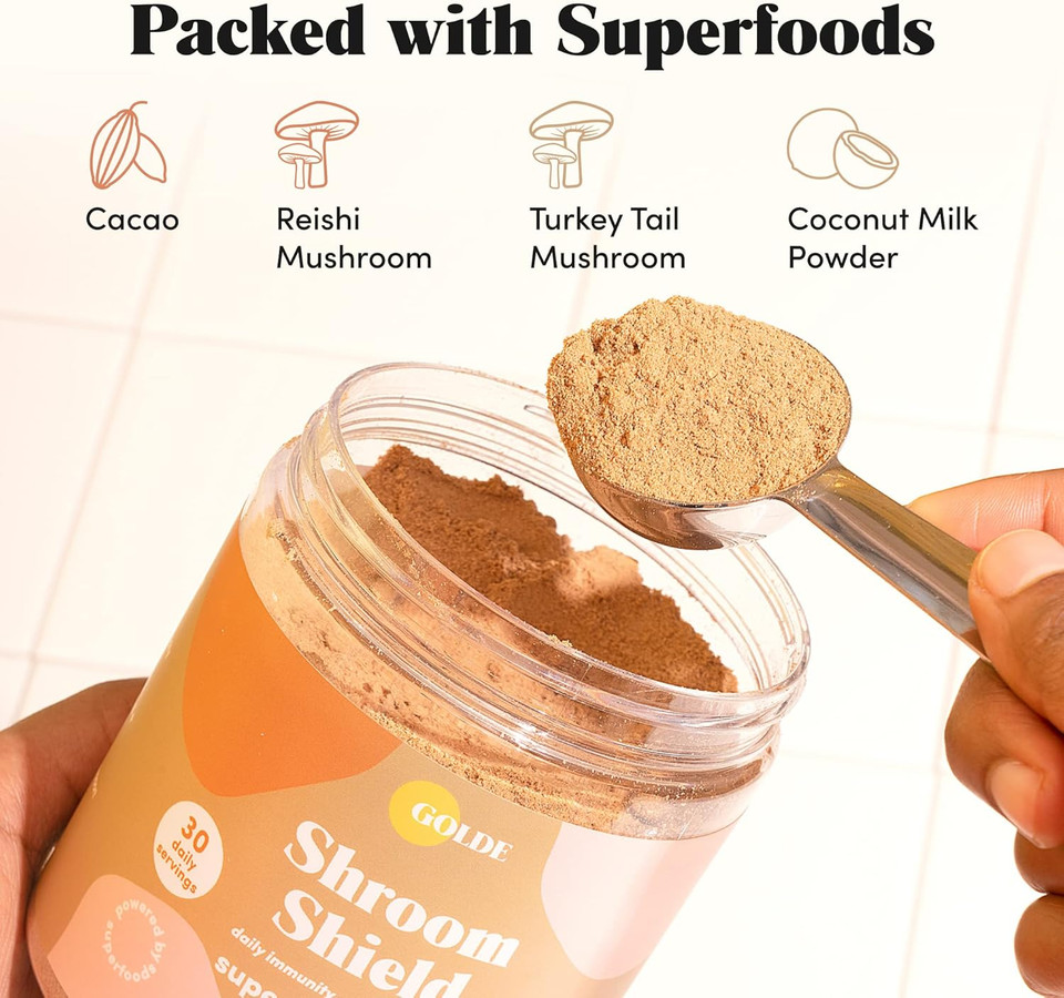 Golde Pure Matcha - 100% Pure Japanese Ceremonial Grade Matcha Green Tea Powder Shroom Shield - Superfood With Turkey Tail Mushroom, Reishi Mushroom Extract, Cacao And Coconut Milk Powder