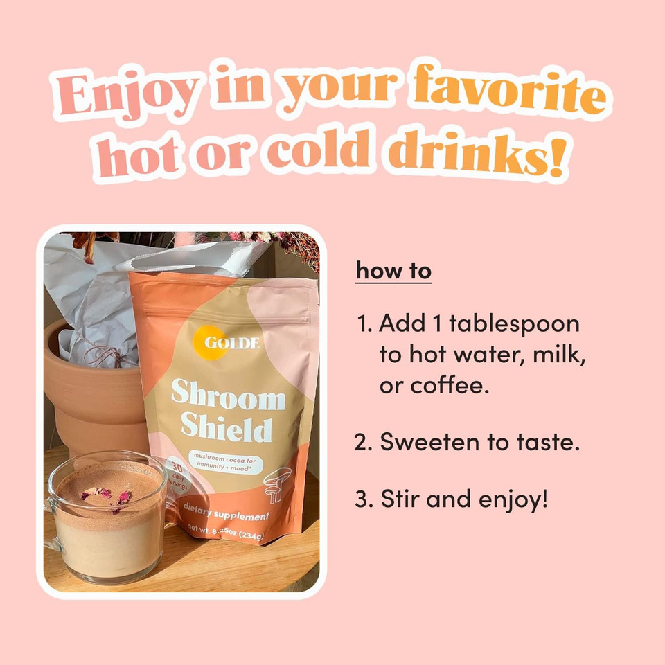 Golde Shroom Shield - Plant Based Superfood Blend W/Turkey Tail Mushroom & Reishi Mushroom Extract - Stress Defense - Antioxidants & Prebiotics - Vegan, Keto, & Sugar-Free Hot Cocoa - 30 Servings