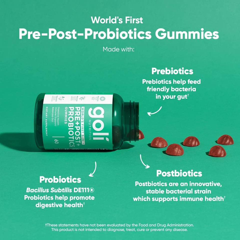 Goli Nutritional Supplement, Pre+Post+Probiotics Gummy - 180 Count - World'S First 3-In-1 Gluten-Free, Vegan, Non-Gmo, And Gelatin-Free