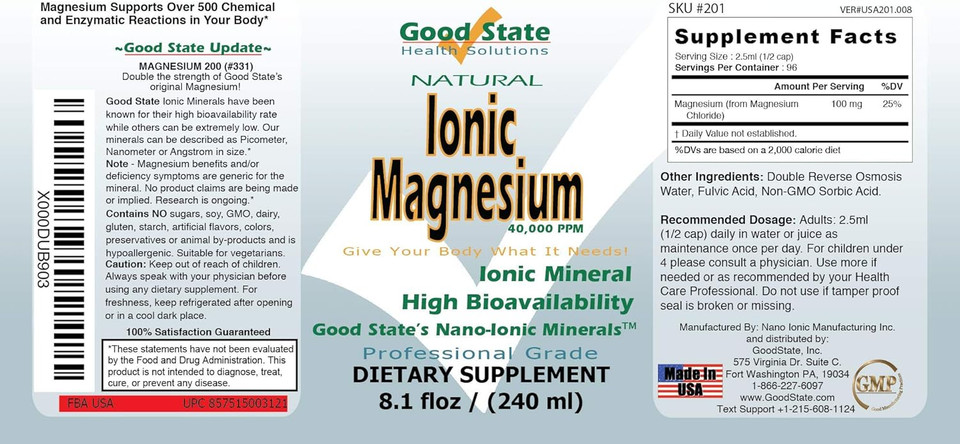 Good State | Ionic Magnesium 16 Oz.| Natural | Nano Sized Mineral Technology | Professional Grade | Supports Healthy Chemical & Enzymes Reactions | 192 Servings At 100 Mg Per Serving | 16 Fl Oz Bottle
