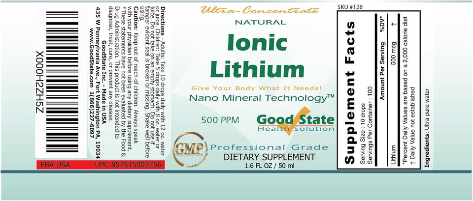 Good State Liquid Ionic Lithium Ultra Concentrate (10 Drops Equals 500 Mcg - 100 Servings Per Bottle)