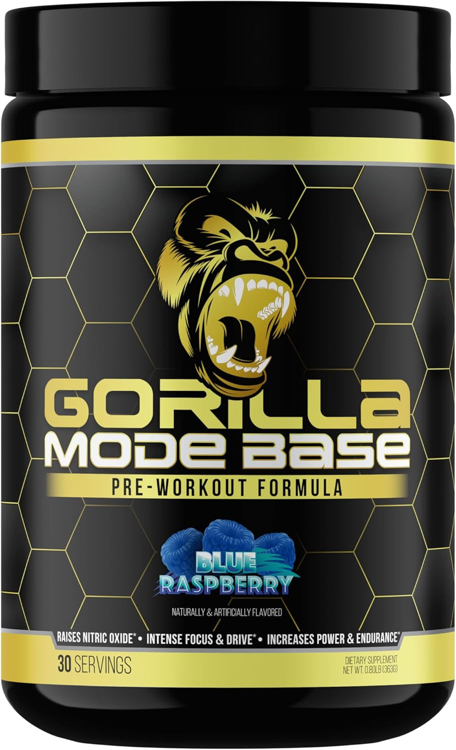Gorilla Mind Base Pre Workout - Raises Nitric Oxide Intense Focus & Drive Endurance Power - L-Citrulline, L-Tyrosine, Betaine, Alpha-Gpc, Caffeine, Huperzine A - 360 Grams (Cherry Blackout)