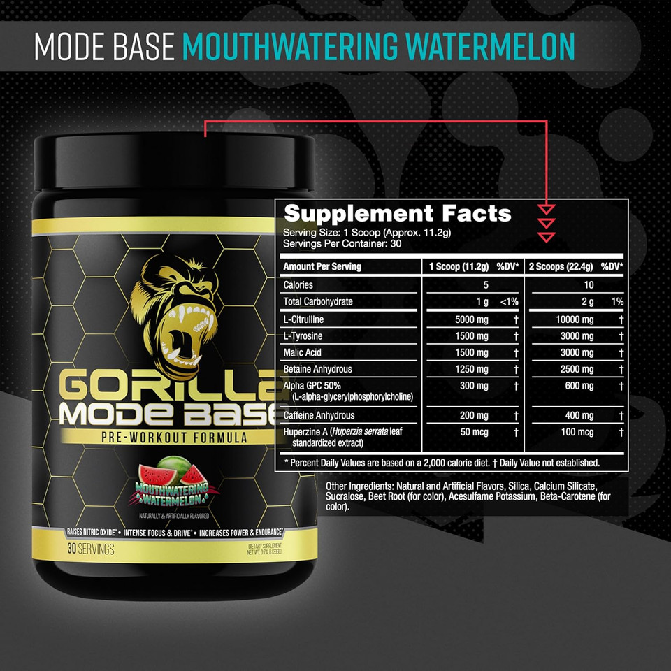 Gorilla Mind Base Pre Workout - Raises Nitric Oxide Intense Focus & Drive Endurance Power - L-Citrulline, L-Tyrosine, Betaine, Alpha-Gpc, Caffeine, Huperzine A - 360 Grams (Watermelon)
