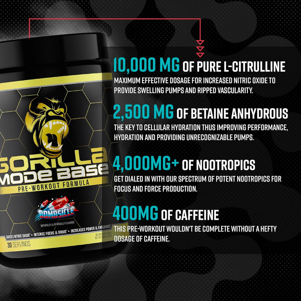 Gorilla Mind Base Pre Workout - Raises Nitric Oxide Intense Focus & Drive Endurance Power - L-Citrulline, L-Tyrosine, Betaine, Alpha-Gpc, Caffeine, Huperzine A - 360 Grams (Watermelon)