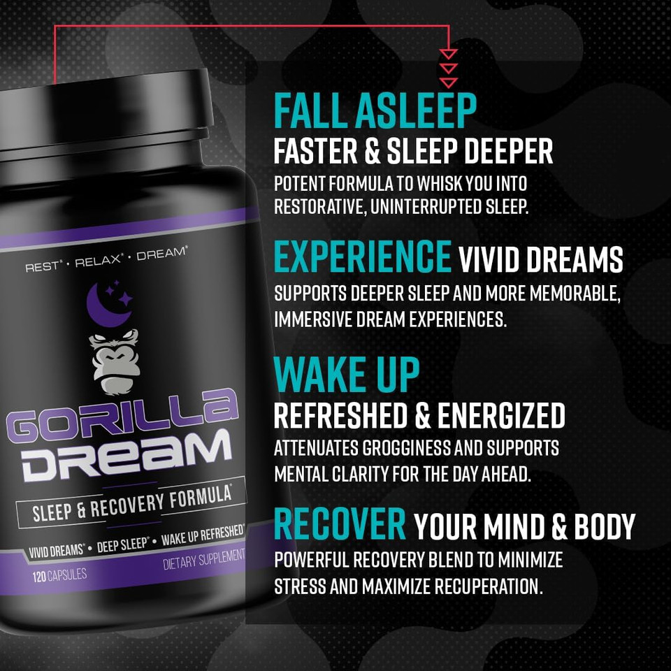 Gorilla Mind Dream Sleep Supplement (120 Capsules) - Nootropic Infused Comprehensive Sleep & Recovery Supplement - Gaba, Melatonin, Valerian Root, Magnesium, L-Theanine, Sensoril, Ashwagandha & More
