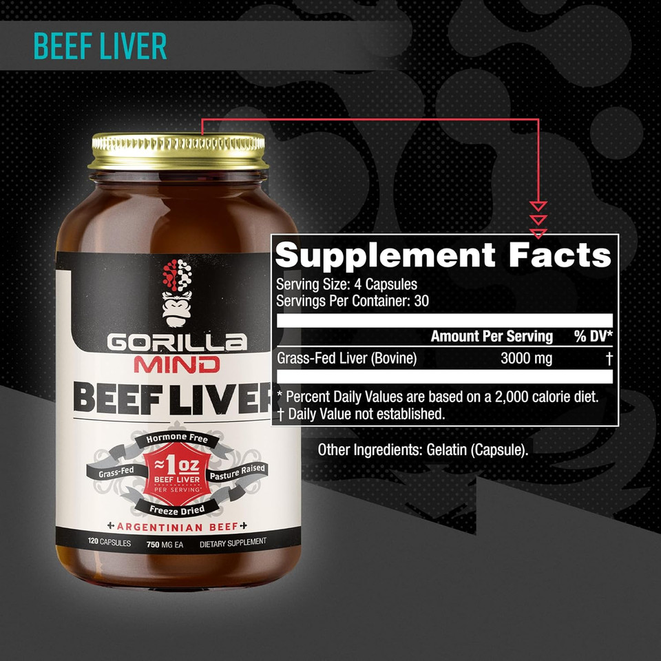 Gorilla Mind Grass-Fed Argentinian Beef Liver - NatureS Multivitamin/Beef Liver Supplement In Freeze Dried Capsules/Pasture Raised/Hormone Free/1 Oz