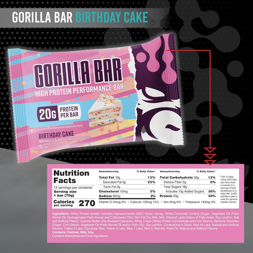 Gorilla Mind Protein Bars (Birthday Cake) - 20G High-Performance Protein Bar/Incredible Taste And Texture/Emphasis On Whey Protein Isolate