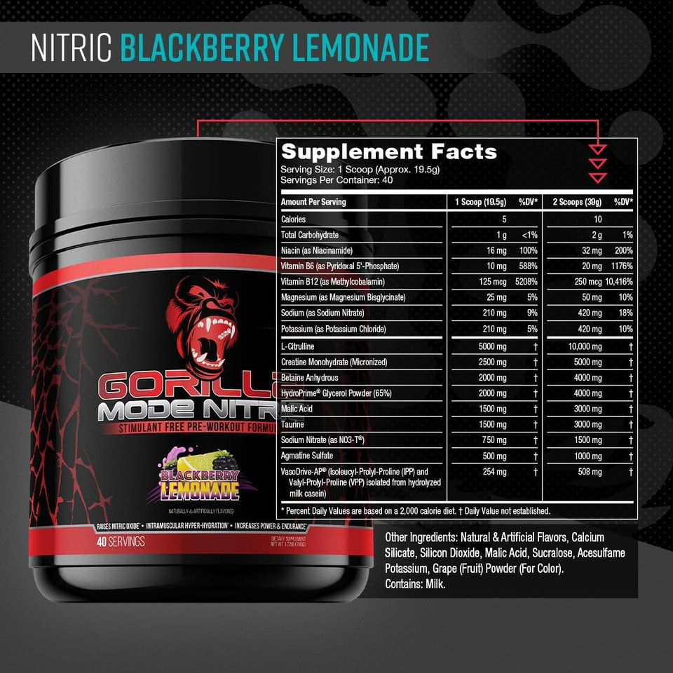 Gorilla Mode Nitric Upgraded Stimulant Free Pre-Workout  Best Tasting And Most Effective Stimulant Free Pre-Workout/Massive Pumps · Vasodilation · Power / 780 Grams (White Gummy Bear)