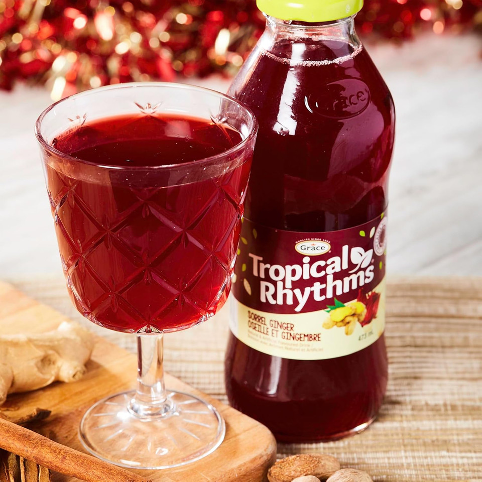 Grace Tropical Rhythms Sorrel Ginger Jamaican Fruit Juice 1 Liter (33.8Oz) - 3 Cartons - Authentic Jamaican Ginger Juice Pure Drink