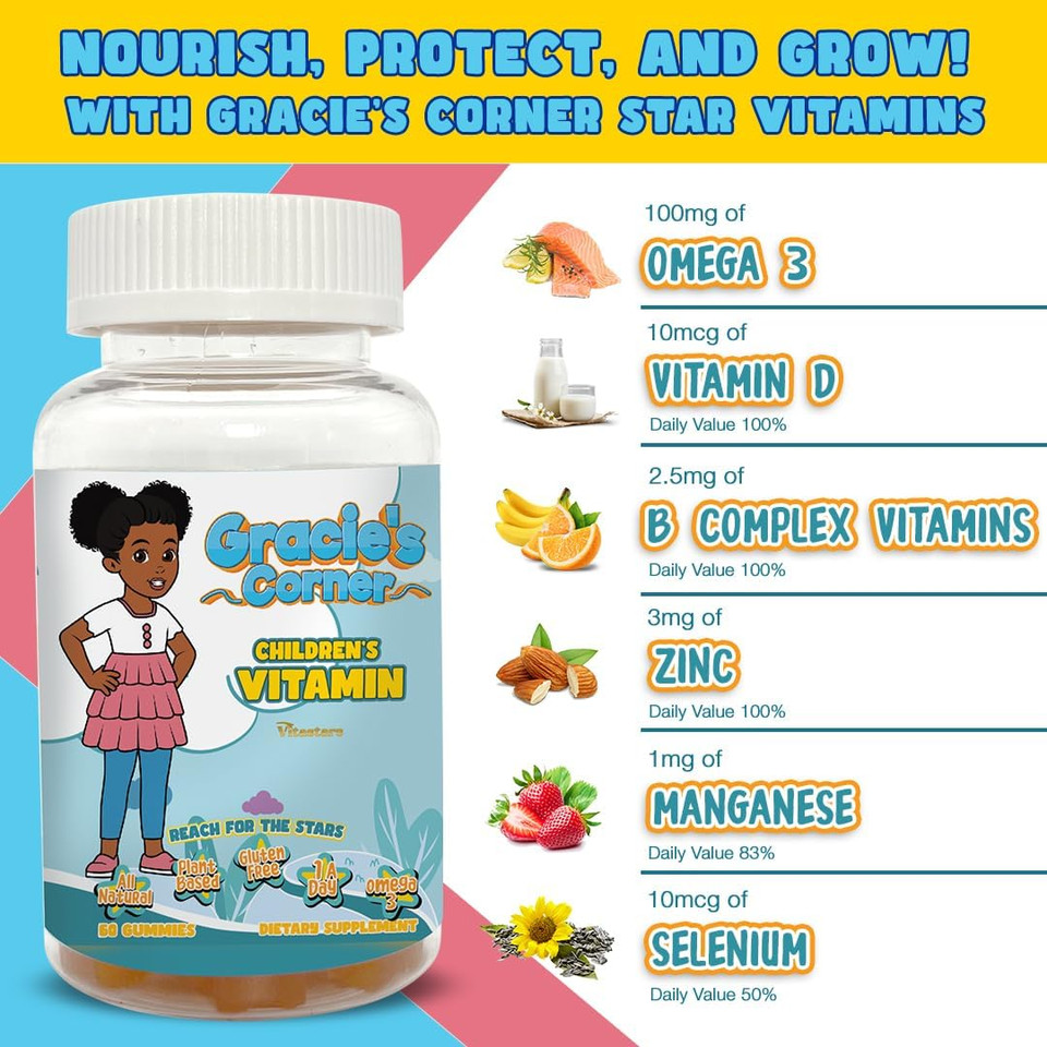 Gracie'S Corner Stars Kids Multivitamin Gummies With Omega 3, Selenium, Vitamins A, B, C, D, Plant Based Multi Vitamins For Children, Manganese, 60 Star Shaped Gluten Free Gummies