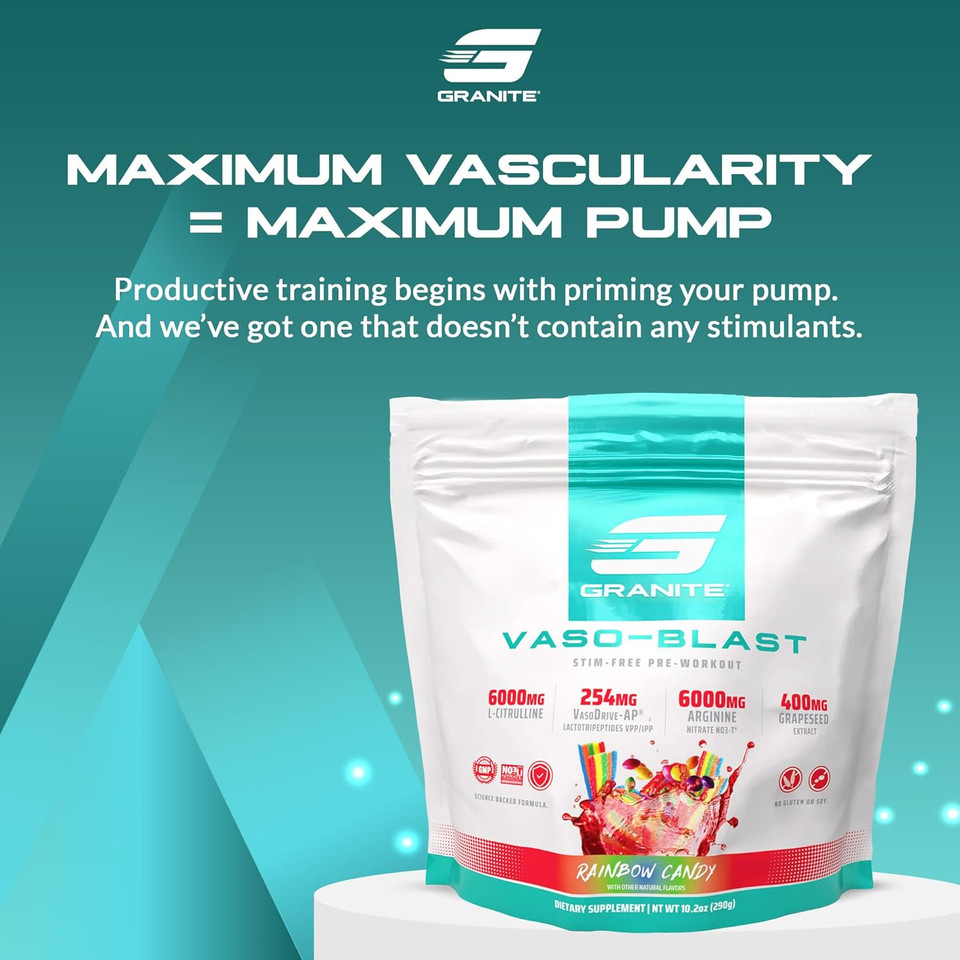 Granite Supplements Vaso Blast, Rainbow Candy Flavor, Stimulant-Free Pre Workout For Men & Women With Grapeseed Extract, Arginine Nitrite, & Vasodrive-Ap For Max Pump (20 Servings)