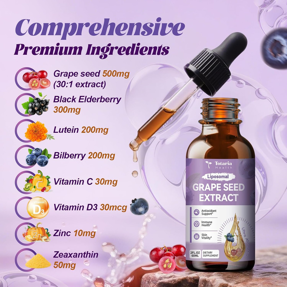 Grape Seed Extract Liquid Drops | High Potency 95% Polyphenols Antioxidant Supplement For Skin, Heart & Immune Support | Vegan, Gluten Free | Alcohol-Free & Non-Gmo | 2Fl
