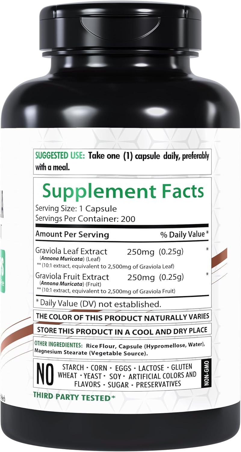 Graviola Extract Capsules, 5000Mg | 200 Veg Capsules | High Potency Soursop Leaf & Fruit Extract | Non-Gmo | Gluten-Free | Made In The Usa