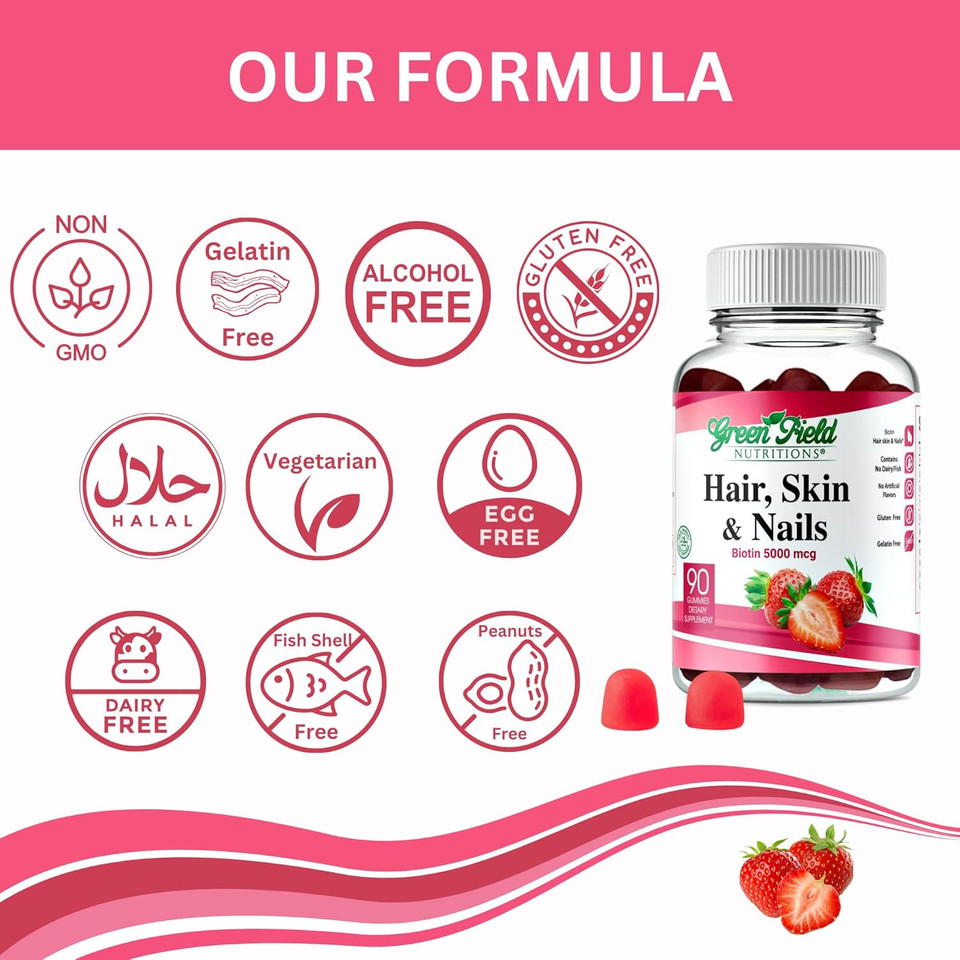 Greenfield Nutritions - Halal Biotin Gummies Vitamin For Hair, Skin And Nails, Supports Fat Metabolism, Hair Growth, Strong Nails & Clear Skin, Gelatin Free, Non-Gmo, And Gluten Free - 90 Gummies