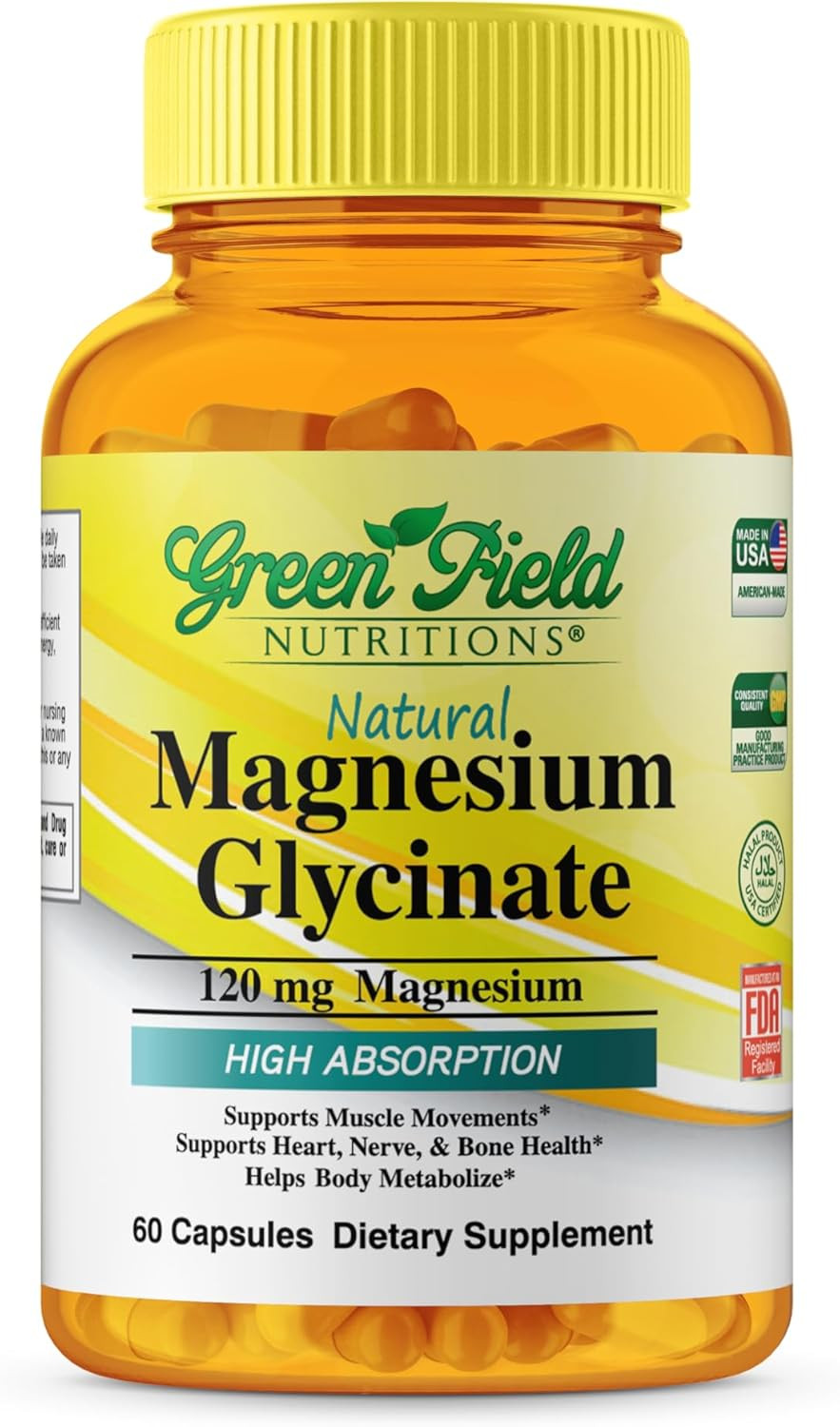 Greenfield Nutritions Halal Magnesium Glycinate 120Mg (60 Capsules) - Gluten Free Pure Magnesium Supplement - Halal Vitamin Supports Nerve, Heart, Bones And Muscle Movements