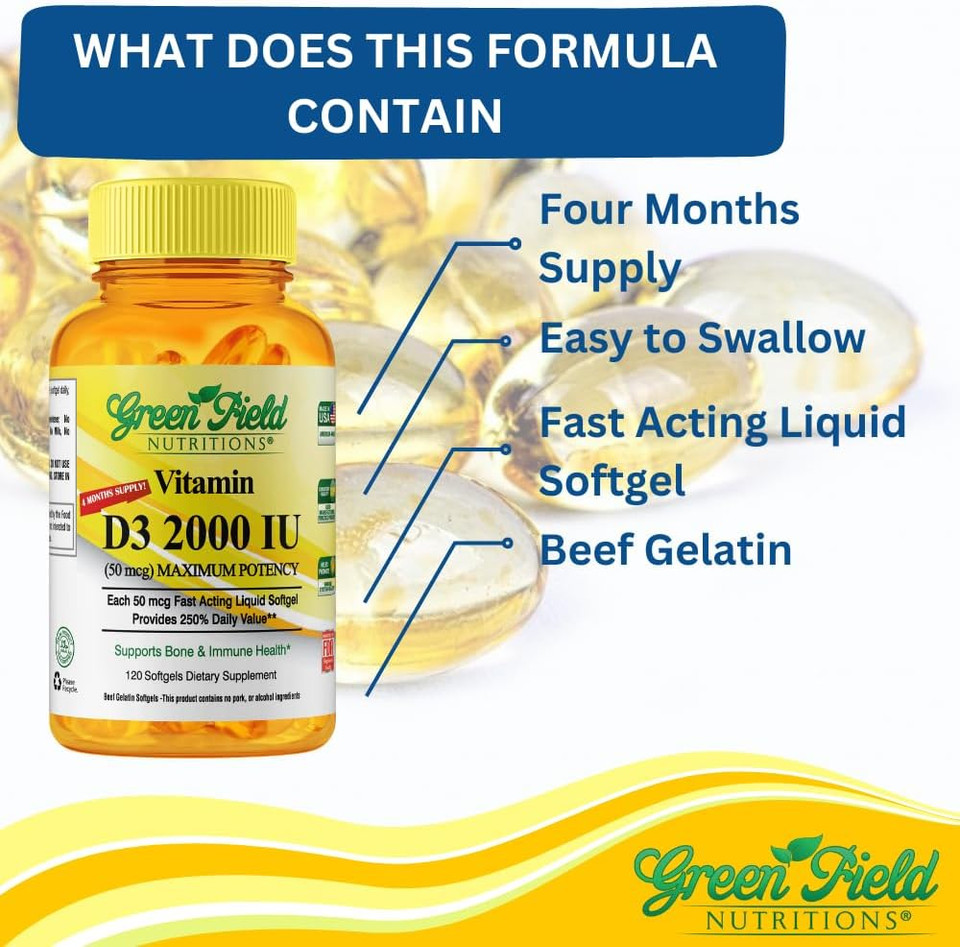 Greenfield Nutritions Halal Vitamin D3 2000 Iu Softgel - 50 Mcg High Potency D3, 120 Unflavored Mini Softgels - Halal Vitamins D With Halal Beef Gelatin, Supports Immune Bone Teeth Brain And Hair