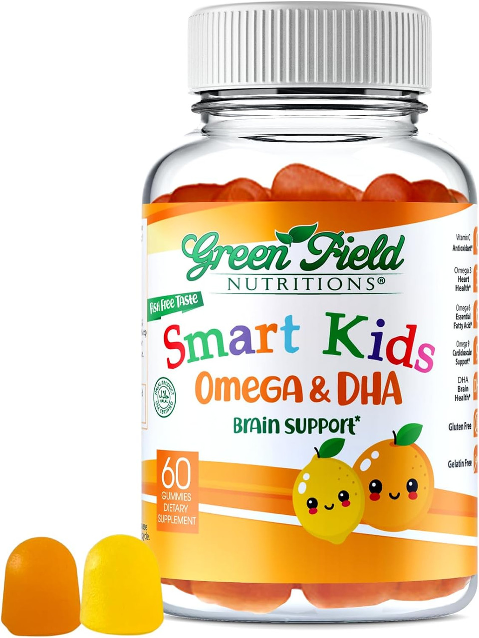 Greenfield Nutritions Smart Kids Halal Omega 3 Gummies With Dha - 60 Halal Vitamins For Kids, Supports Brain & Immune Health - Vegan, Non-Gmo, Gluten, Gelatin-Free And Peanut-Free Halal Gummy Vitamins