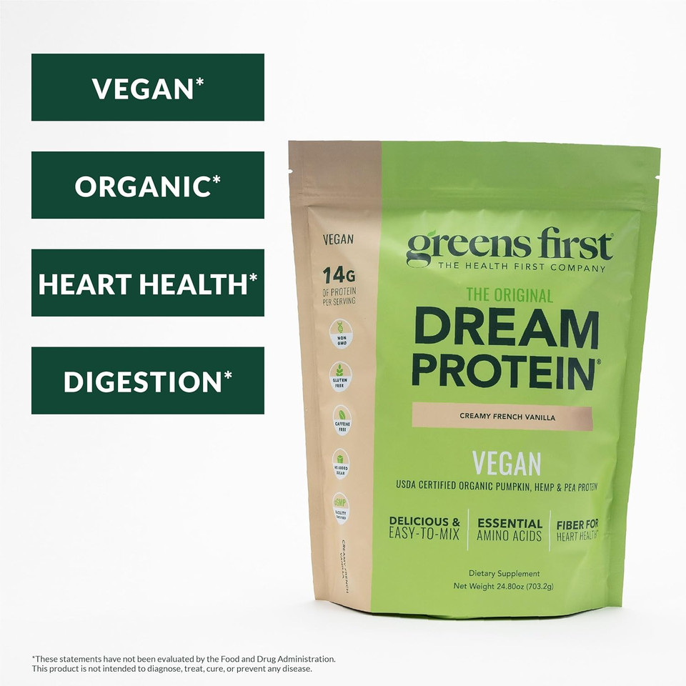 Greens First Dream Protein Plant-Based Vegan Powder - Usda Organic Pumpkin, Hemp & Pea Protein - Gluten-Free, Non-Gmo, No Added Sugar (Rich Dutch Chocolate, 27.54 Oz)