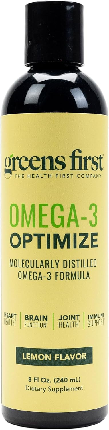 Greens First Omega-3 Optimize - Molecularly Distilled Liquid Omega-3 Fish Oil Supplement Formula - 1380 Mg - Gluten-Free & Non-Gmo - Lemon Flavor - 8 Fl Oz