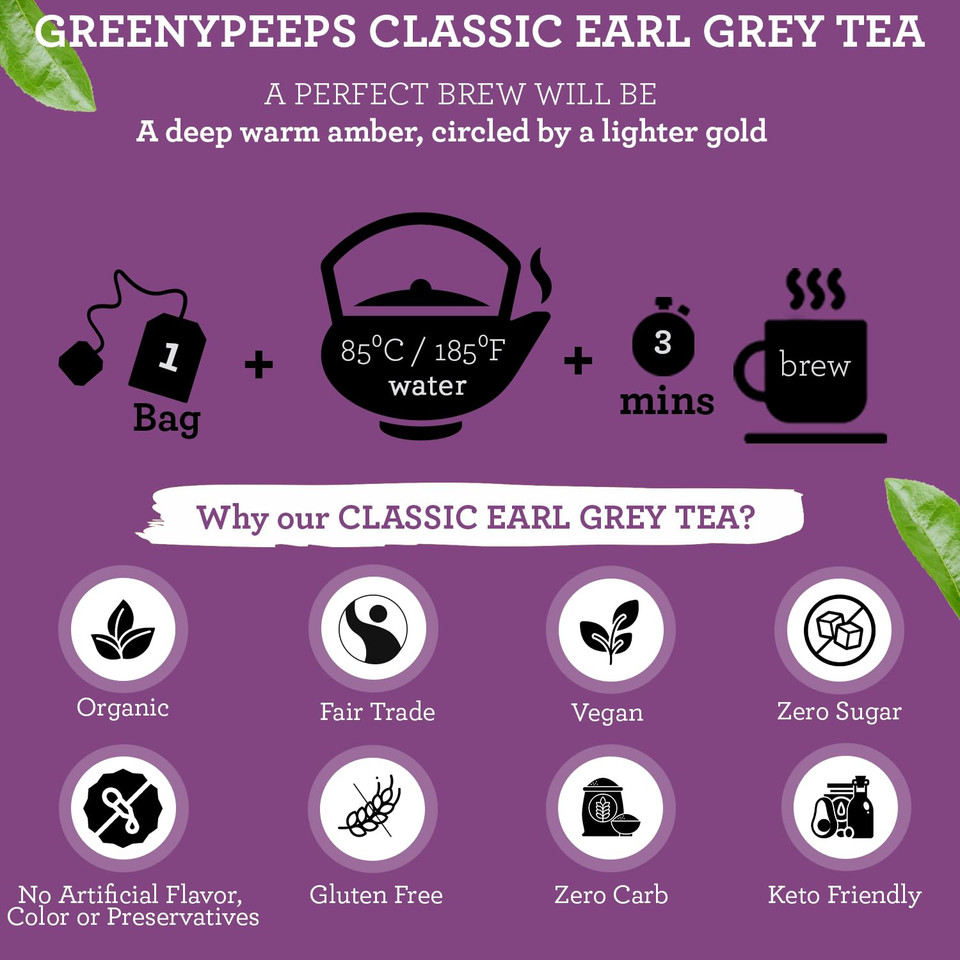 Greenypeeps Organic Earl Grey Tea Bags - Classic Earl Gray Tea Recipe With Ceylon Uva And Assam Black Tea Plus Bergamot - Fairtrade - Timeless And Refined - Delicious Iced Or Hot Tea Bags - 100 Ct