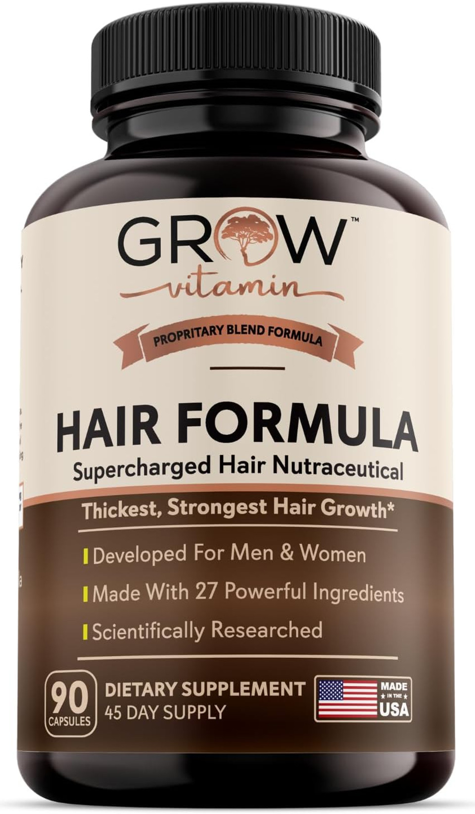 Grow Vitamin All In One Hair Formula For Men & Women - Advanced Hair Formula Includes Biotin, Saw Palmetto, Dht Blocker & Trace Minerals - Hair Supplement For Hair, Skin & Nails - 90 Capsules