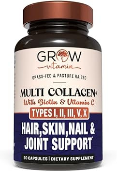 Grow Vitamin Multi Collagen Capsules - Types I, Ii, Iii, V & X | Hydrolyzed Blend With Biotin & Vitamin C For Hair, Skin, Nails 90 Capsules