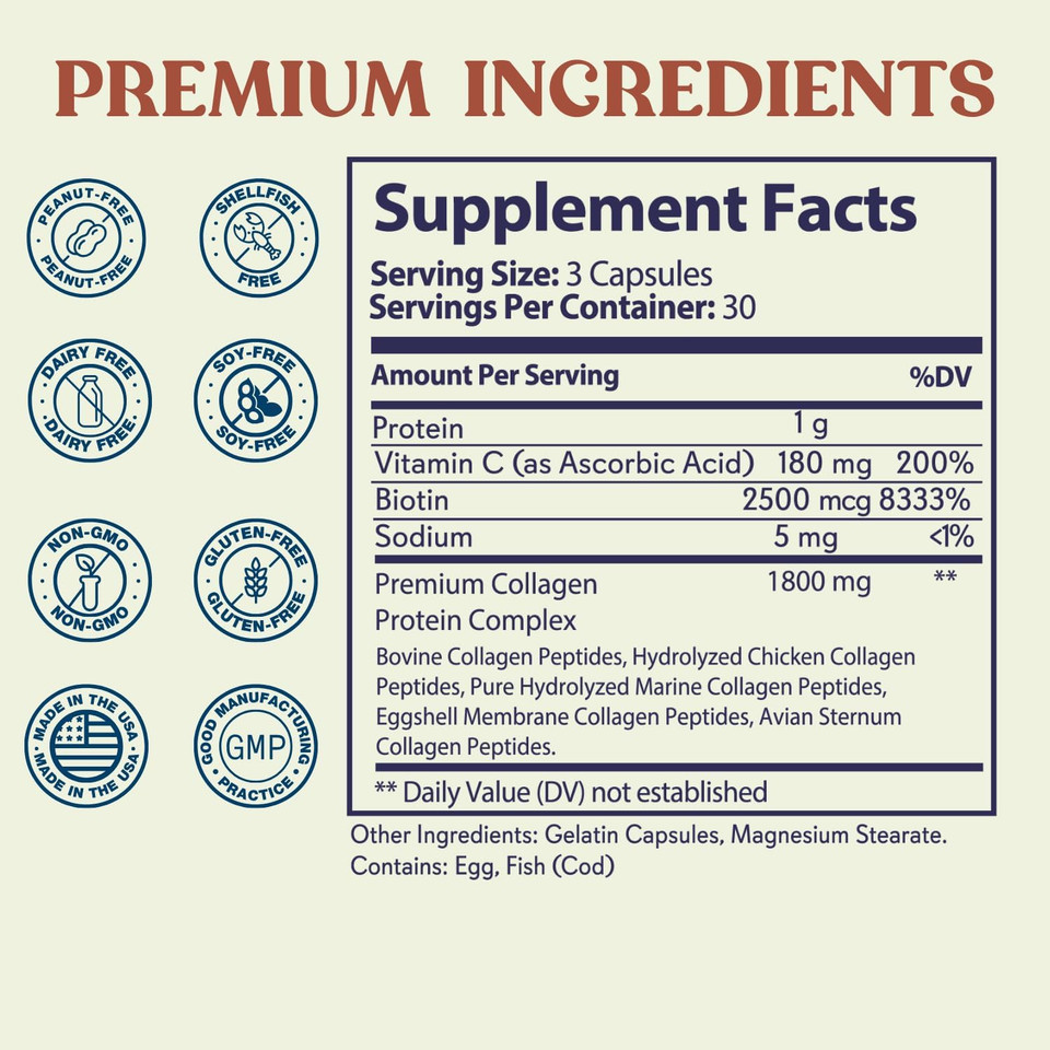 Grow Vitamin Multi Collagen Capsules - Types I, Ii, Iii, V & X | Hydrolyzed Blend With Biotin & Vitamin C For Hair, Skin, Nails 90 Capsules