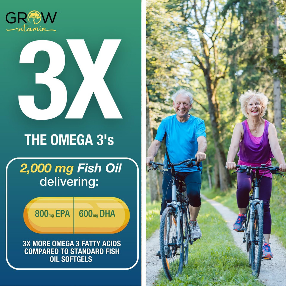 Grow Vitamin Omegavita Fish Oil : 800 Mg Epa 600 Mg Dha Omega 3 Supplement For Heart, Brain & Immune Support, Absorbable Triple Strength Fish Oil Supplement - 2000 Mg Per Serving, 30 Day Supply