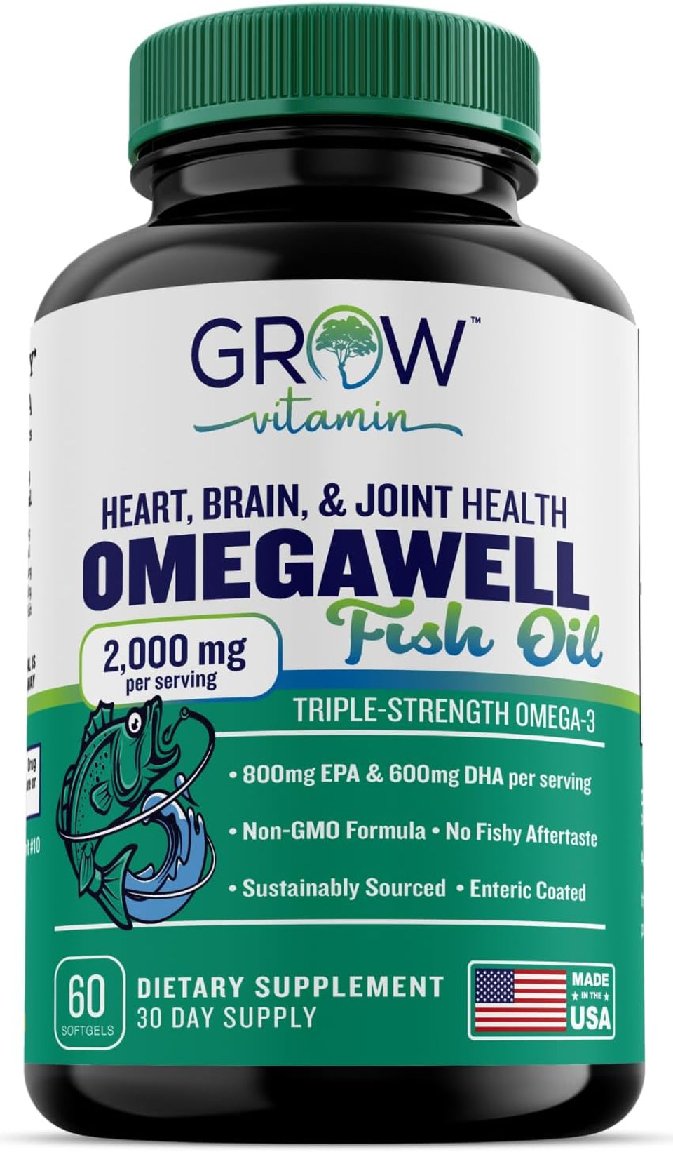 Grow Vitamin Triple Strength Omega 3 Fish Oil, 800 Mg Epa 600 Dha Supplement For Heart, Brain & Immune Support, Absorbable Triple Strength, Sustainably Sourced - Mini Softgels - 30 Day Supply