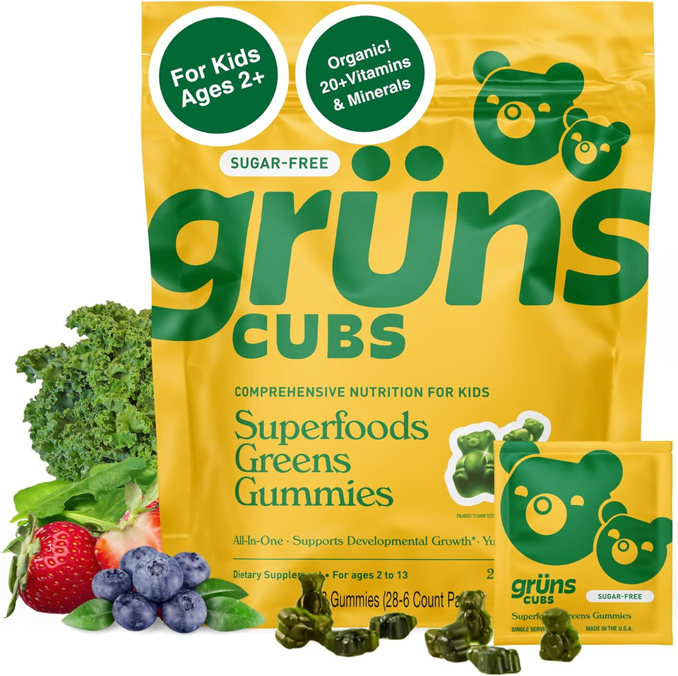 Gruns Kids Vitamins, Super Greens Gummies - Superfood Gummy Bears With Spirulina, Chlorella, 20+ Vitamins & Minerals, Prebiotics Fiber For Digestive Health, Adaptogens Supplement, 28 Day Supply