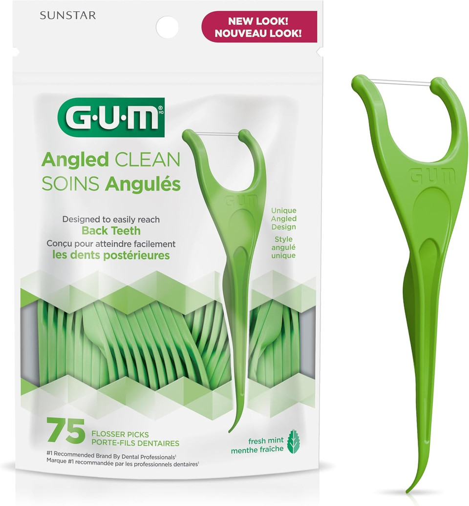 Gum Angled Floss Picks, Perfect For Tight Teeth, Extra Strong Shred-Resistant Dental Floss, Angled For Easy Reach, Dental Flossers For Adults, Fresh Mint Flavor, 75 Count