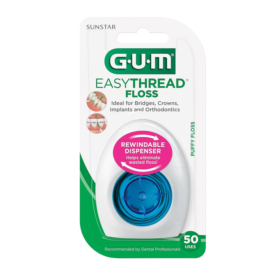 Gum Easythread Threader Floss - Expanding Dental Floss For Braces, Bridges, And Implants - Built In Rigid Floss Threaders (50 Uses)