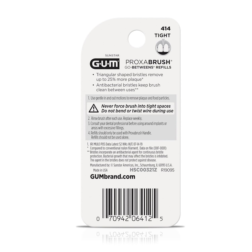Gum Proxabrush Go-Betweens Refills - Tight - Compatible With Gum Permanent Handle -Reusable Interdental Brushes For Tight Teeth - Soft Bristled Dental Picks, 8 Count