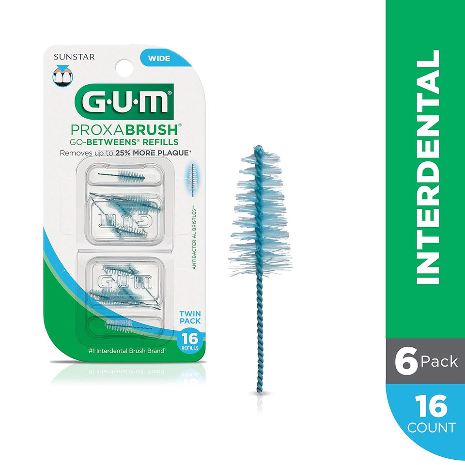 Gum Proxabrush Go-Betweens Refills - Wide - Compatible With Gum Permanent Handle - Reusable Interdental Brushes - Soft Bristled Dental Picks, 16Ct (6Pk)