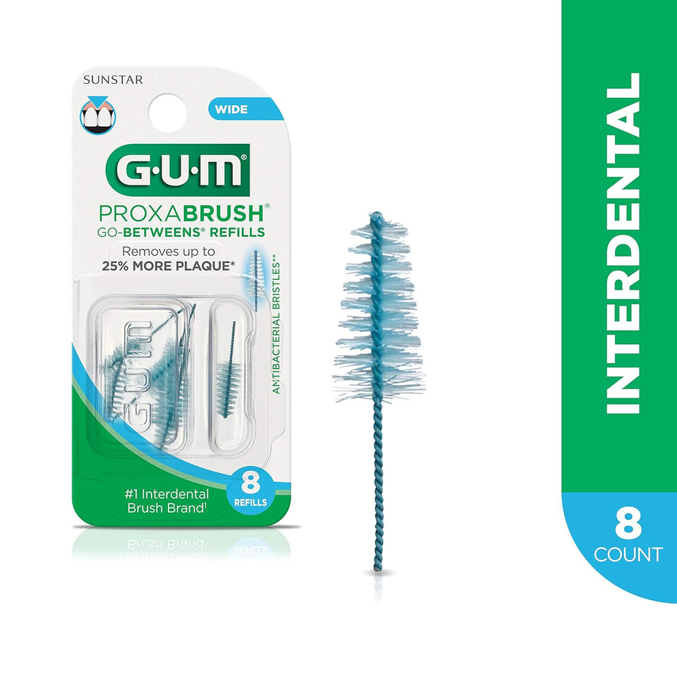 Gum Proxabrush Go-Betweens Refills - Wide - Compatible With Gum Permanent Handle - Reusable Interdental Brushes - Soft Bristled Dental Picks, 8 Count