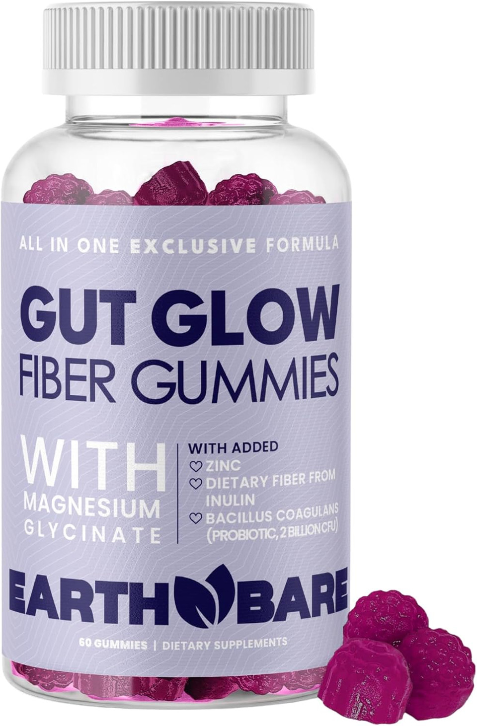 Gut Glow Fiber Gummies  Prebiotic Fiber Supplement With Inulin & Apple Pectin  Sugar-Free, Vegan, & Non-Gmo  Magnesium Glycinate For Digestion Health  Berry Flavor  60 Gummies