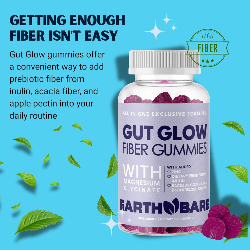 Gut Glow Fiber Gummies  Prebiotic Fiber Supplement With Inulin & Apple Pectin  Sugar-Free, Vegan, & Non-Gmo  Magnesium Glycinate For Digestion Health  Berry Flavor  60 Gummies