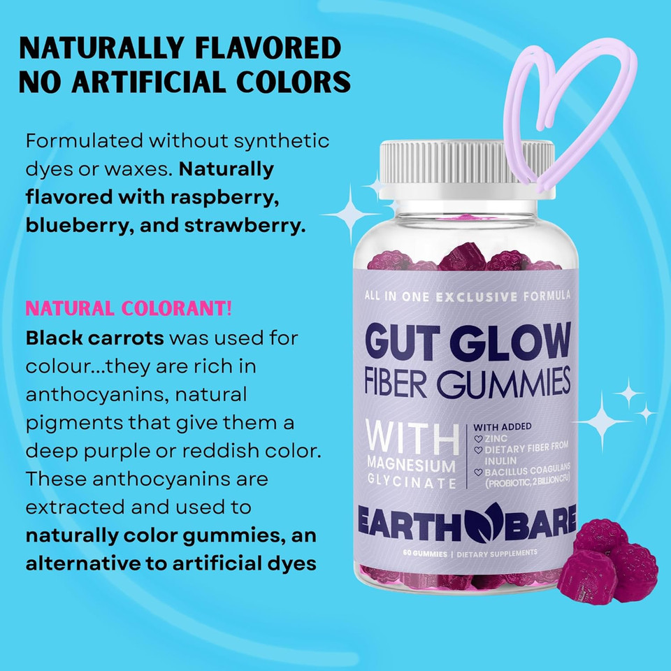 Gut Glow Fiber Gummies  Prebiotic Fiber Supplement With Inulin & Apple Pectin  Sugar-Free, Vegan, & Non-Gmo  Magnesium Glycinate For Digestion Health  Berry Flavor  60 Gummies