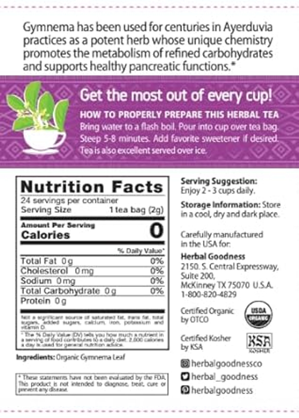 Gymnema Leaf Tea | 100% Organic Herbal Tea For Healthy Metabolism | Natural Sweet Cravings Support | Caffeine-Free, Keto-Friendly, Vegan, Gluten & Gmo-Free | 24 Unbleached Tea Bags