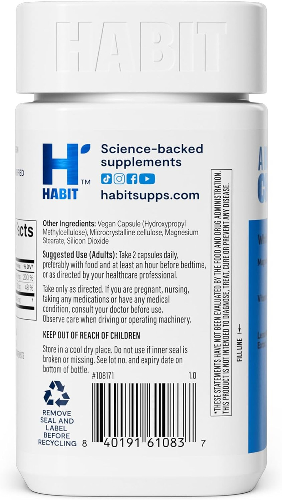 Habit Magnesium Sleep & Recover Supplement, Magnesium Glycinate, Vitamin B6, Lemon Balm, 60 Capsules